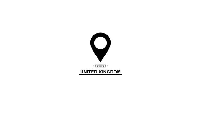 Black location pin icon with text United Kingdom and wave destination place looped animation on white background. Location pin looped icon with wave animation.