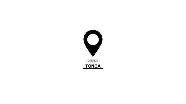 Black location pin icon with text Tonga and wave destination place looped animation on white background. Location pin looped icon with wave animation.