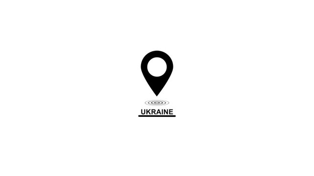 Black location pin icon with text Ukraine and wave destination place looped animation on white background. Location pin looped icon with wave animation.