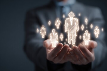 Businessman holding glowing digital human resource icons above hands