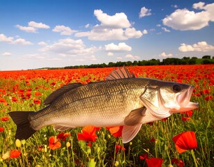A fish above a field of red poppies