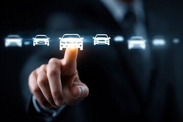 Businessman finger touching glowing car icon on dark screen