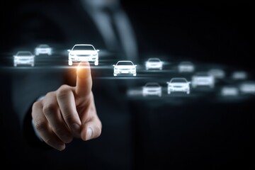 Businessman finger touches glowing holographic car interface selection