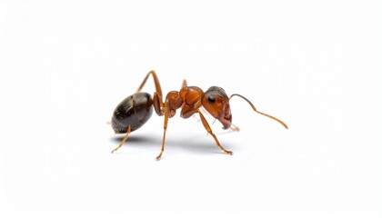 &ldquo;Close-up ant with segmented body reddish-brown head antennae mandibles darker abdomen six jointed legs on white background&rdquo;