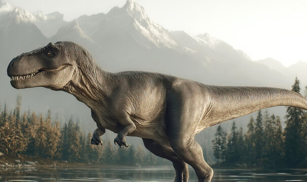 Carcharodontosaurus roams a primeval landscape of lakes forests and mountains