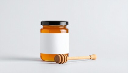 &ldquo;Jar of golden honey with white lid and label beside wooden honey dipper on plain background minimal food design&rdquo;