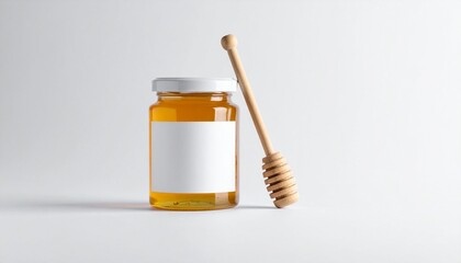 &ldquo;Jar of golden honey with white lid and label beside wooden honey dipper on plain background minimal food design&rdquo;