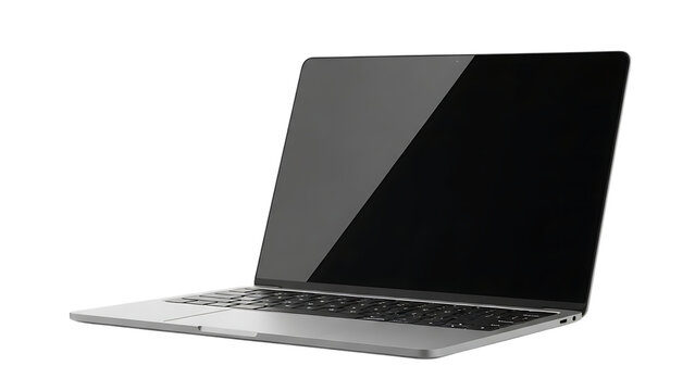 Modern silver laptop computer open with blank screen, isolated on transparent background
