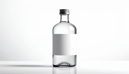 &ldquo;Clear glass bottle with silver cap blank white label isolated on plain background modern packaging mockup&rdquo;