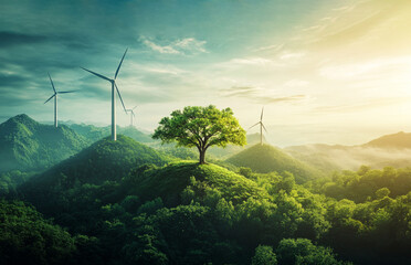 wind turbines in the mountains with sustainable development background