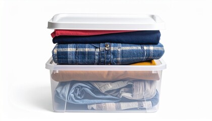 &ldquo;White plastic storage bin with neatly folded clothes organized by color and pattern compact tidy arrangement&rdquo;