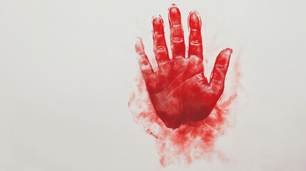 A vivid red handprint on a clean surface. It evokes a sense of urgency, and intrigue.  AI Generative
