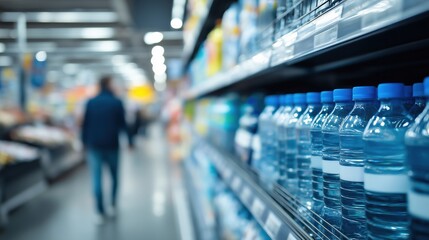 Faceless supermarket bottles row with blue caps