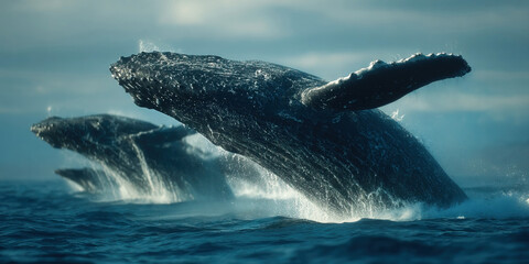 Whales leap joyfully from the ocean surface in breathtaking coastal display