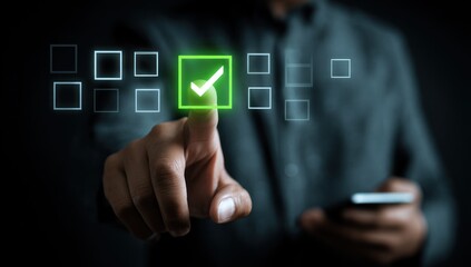 Finger selecting a glowing green checkmark on a dark interface.