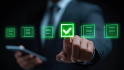 Businessman selects glowing green checkmark on digital interface