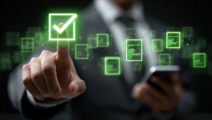 Businessman finger selects glowing green checkmark on digital interface