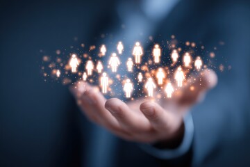 Hand holding glowing digital human icons against dark background