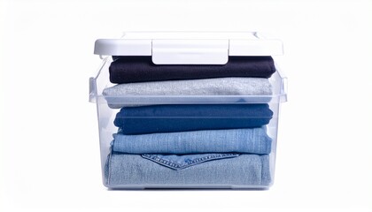 &ldquo;White plastic storage bin with neatly folded clothes organized by color and pattern compact tidy arrangement&rdquo;