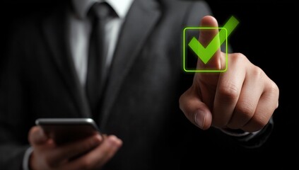 Businessman finger presses glowing green checkmark icon on dark background.