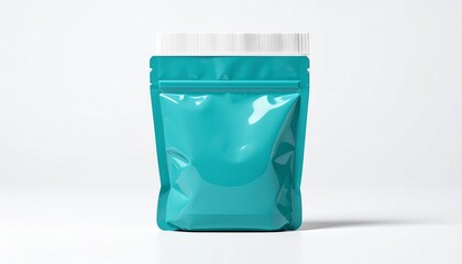 &ldquo;Teal stand-up resealable pouch with glossy finish and white zipper seal isolated on plain background modern packaging&rdquo;