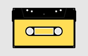 Fototapeta premium Yellow retro cassette tape illustration with black outline, vintage audio media flat design icon. 