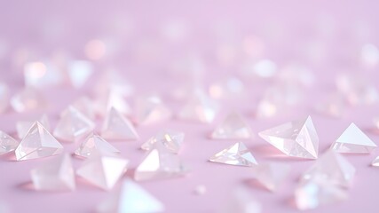 Scattered clear triangular prisms on soft pink surface crystal geometric