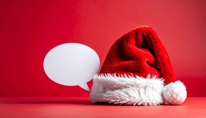 &ldquo;Red Santa hat with white fur trim and pom-pom placed on red background next to white speech bubble festive holiday scene&rdquo;