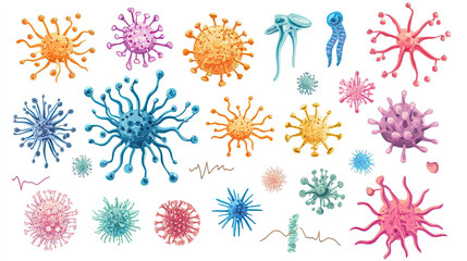 Colorful illustrations of various viruses and microorganisms, perfect for scientific and educational purposes AI Generative