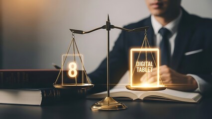 Lawyer weighing digital tablet against justice scale with number eight