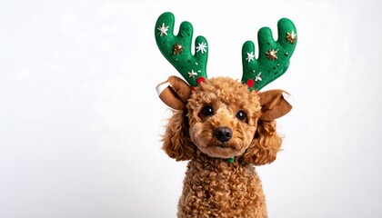 A fluffy, curly-haired canine poses wearing a festive green and gold reindeer antler headband, set against a plain white backdrop