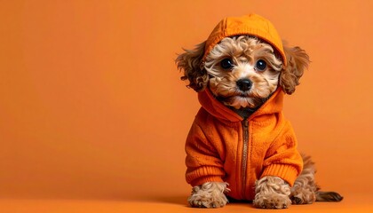 A fluffy, curly-haired puppy with big, expressive eyes, dressed in an orange hooded sweatshirt, poses against a matching orange background