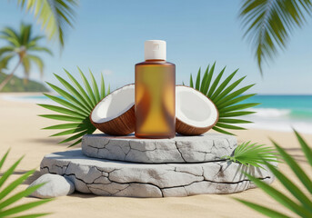 Natural Coconut Hair Oil Mockup In Summer Beach Scene.