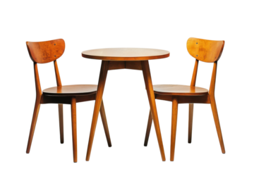 Mid-century modern wooden table and chairs in warm cozy lighting on white background for home decor isolated on transparent background