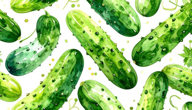 Watercolor illustration arrangement of green pickles with bumpy textures, on a white background with leafy accents