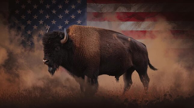 A majestic bison stands boldly against a backdrop of the American flag.