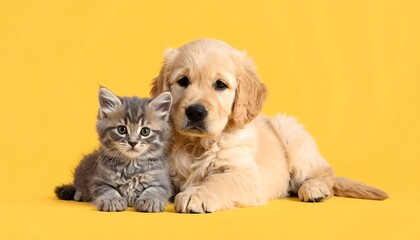 A fluffy kitten and a golden puppy sit together. They are facing the camera against a bright yellow background