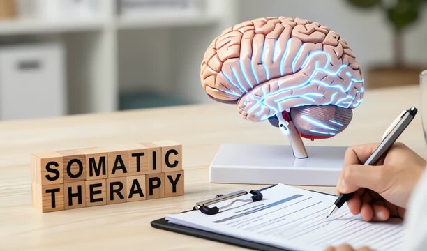 A brain model on a desk with a hand writing notes next to somatic therapy tiles. 4K, HD. 