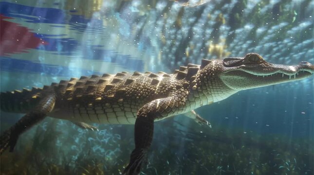 A majestic crocodile swimming gracefully in clear waters, showcasing its powerful presence.