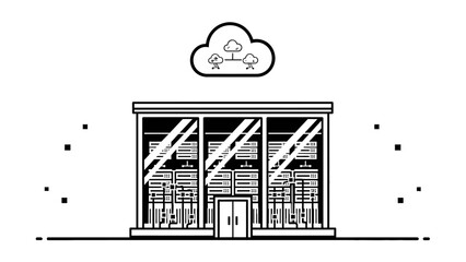 Modern Building with Cloud Icon Above, Cloud Computing and Data Services Concept on Isolated White Background