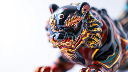 A close-up view of an intricately detailed tiger statue, embodying power and artistry. The statue is adorned with vibrant colors and bold patterns AI Generative