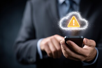 Businessman interacts with phone showing glowing cloud warning symbol.