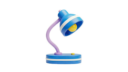 3D render of a playful blue and purple desk lamp with a yellow lightbulb on transparent background