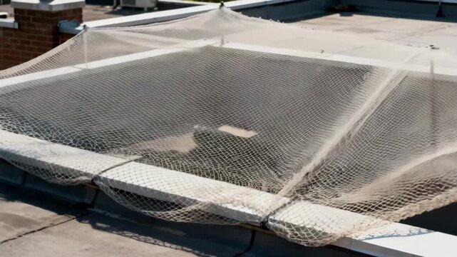 Medium shot capturing bird netting stretched over rooftop areas creating a safe barrier to keep birds away from sensitive zones.