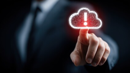 Businessman touches glowing cloud icon with warning exclamation mark.
