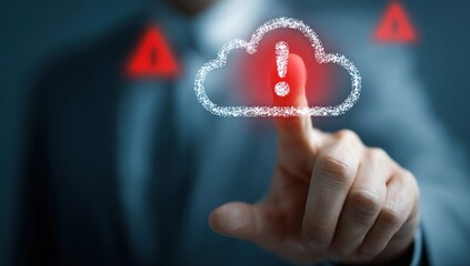 Finger touching digital cloud icon with warning signs visible