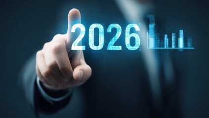 Businessman touches glowing digital year 2026 with bar graph