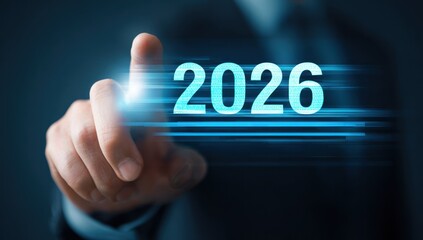Finger touching glowing digital year 2026 interface