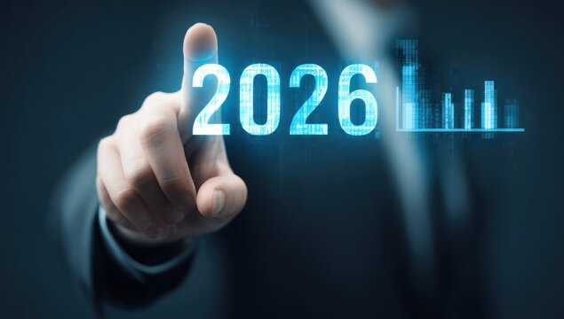 Businessman touches glowing digital year 2026 with bar graph - Powered by Adobe