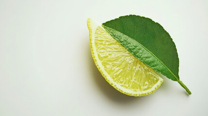 A slice of vibrant lemon is paired with a fresh green leaf, artfully composed for a striking visual. The scene is refreshing and conveys a sense of natural goodness. AI Generative